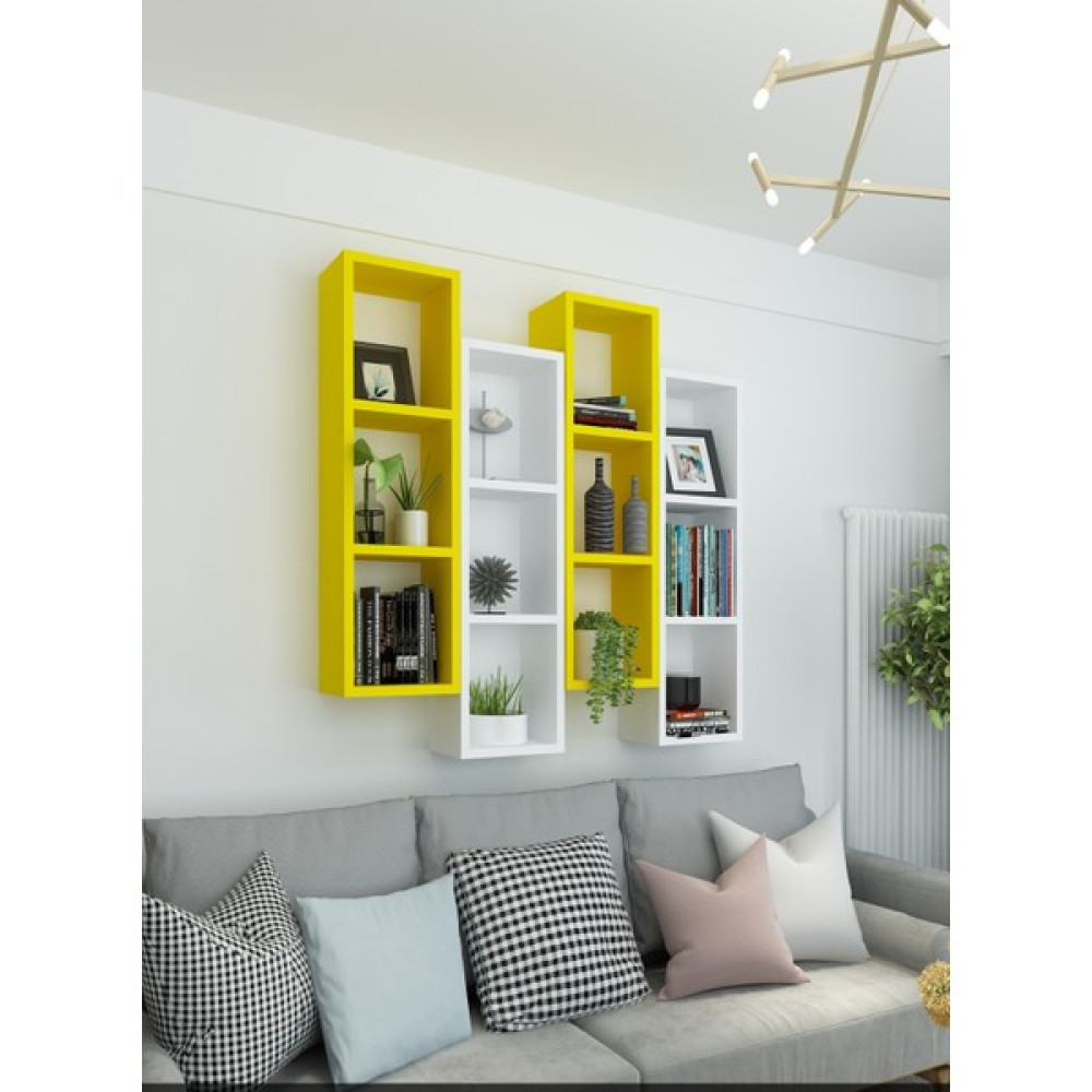 Dekormer Design Kitaplık Modern Duvar Rafı Sarı Beyaz 4'lü Takım - Beyaz - Sarı Kitaplık Fiyatı