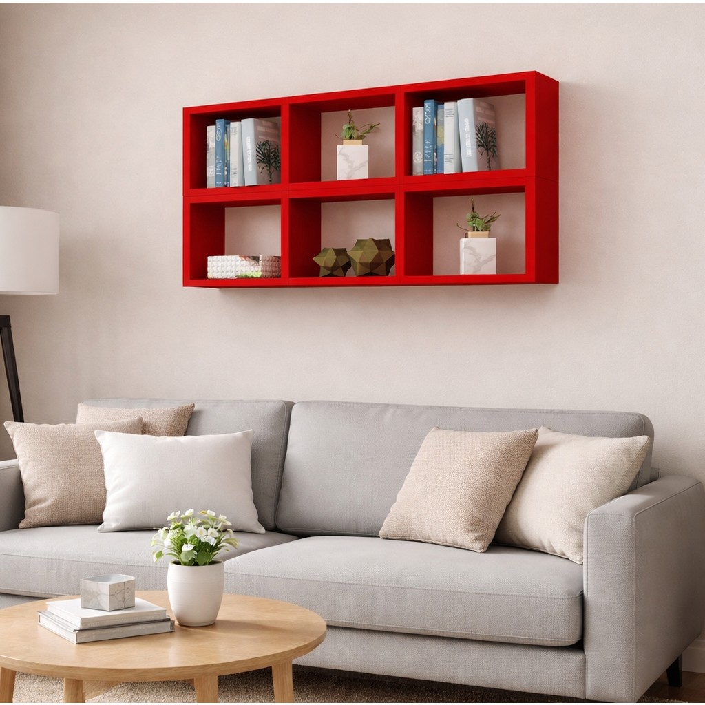 Dekormer Design Kitaplık Yatay Lux Duvar Rafı Mobilya Takım Kırmızı Kitaplık Fiyatı