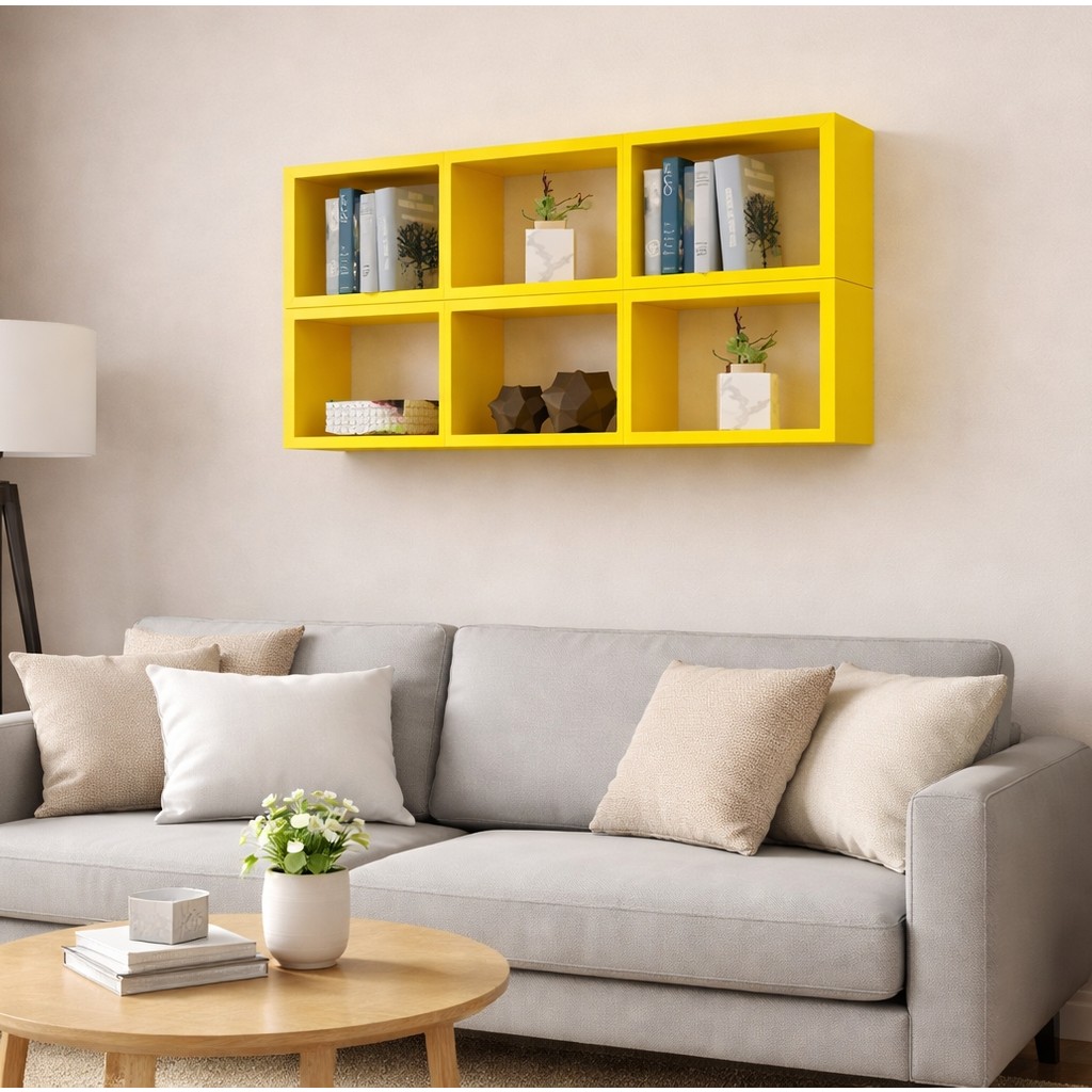 Dekormer Design Kitaplık Yatay Lux Duvar Rafı Mobilya Takım Sarı Kitaplık Fiyatı