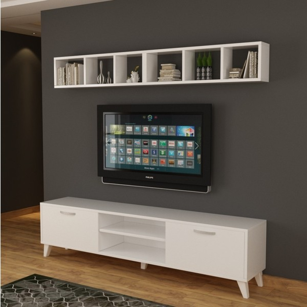 Dekormer Design Tv Ünitesi Dolaplı Beyaz 180 cm ve Kitaplık Tv Ünitesi / Sehpası Fiyatı