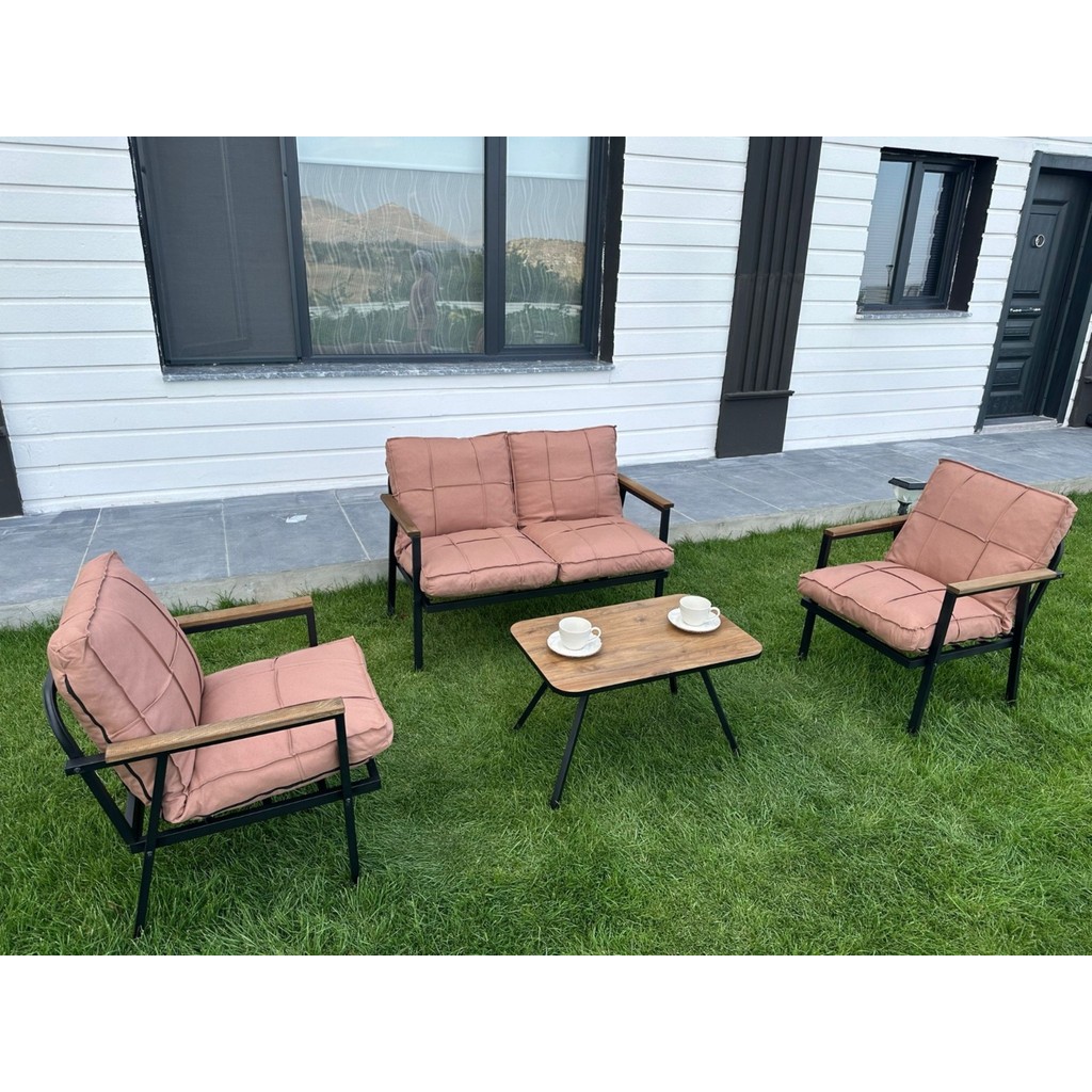 Dekoroom's 2+1+1 Zen Bahçe Takımı, Balkon, Bahçe, Cafe Mobilyası, Pofuduk Metal Çay Seti - Açık Pembe Bahçe Mobilyası Takımı Fiyatı