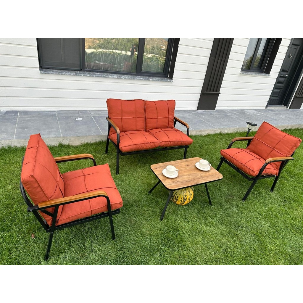 Dekoroom's 2+1+1 Zen Bahçe Takımı, Balkon, Bahçe, Cafe Mobilyası, Pofuduk Metal Çay Seti - Turuncu Bahçe Mobilyası Takımı Fiyatı