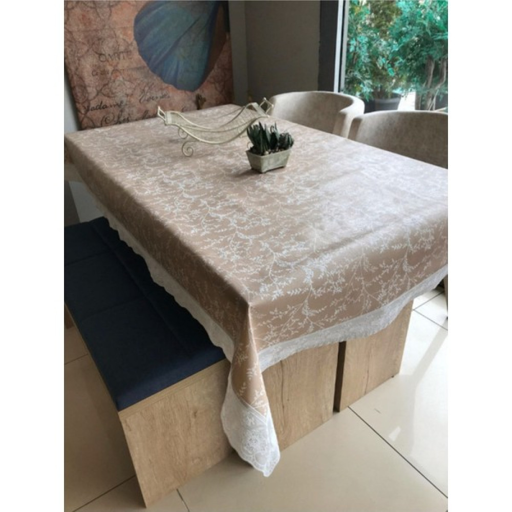 Dekorya Pvc Dantelli | Renkli Desenli Lüx Masa Örtüsü | Muşamba Elyaf Tabanlı Kaymaz Silinebilir Leke Tutmaz - Kahverengi - Beyaz - 115 x 155 cm Masa Örtüsü Fiyatı