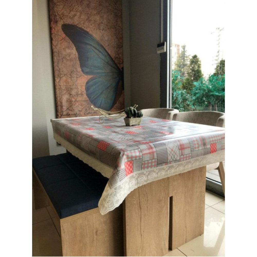 Dekorya Pvc Dantelli | Renkli Desenli Lüx Masa Örtüsü | Muşamba Elyaf Tabanlı Kaymaz Silinebilir Leke Tutmaz - Kırmızı - Beyaz - 155 x 155 cm Masa Örtüsü Fiyatı