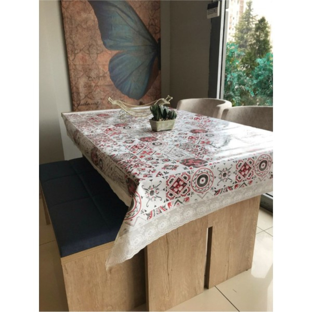 Dekorya Pvc Dantelli | Renkli Desenli Lüx Masa Örtüsü | Muşamba Elyaf Tabanlı Kaymaz Silinebilir Leke Tutmaz - Kırmızı - Gri - Beyaz - 85 x 85 cm Masa Örtüsü Fiyatı