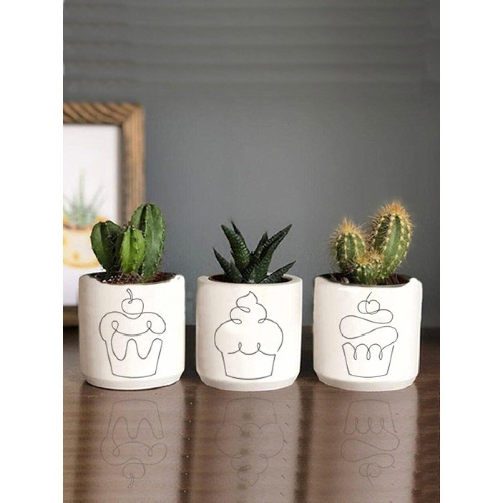 Dekozayn Home Kek Capcake Desenli Beton Saksı Üçlü Set- Küçük Boy Sukulent Saksısı Çizim Hediyelik - Beyaz Saksı ve Aksesuarları Fiyatı