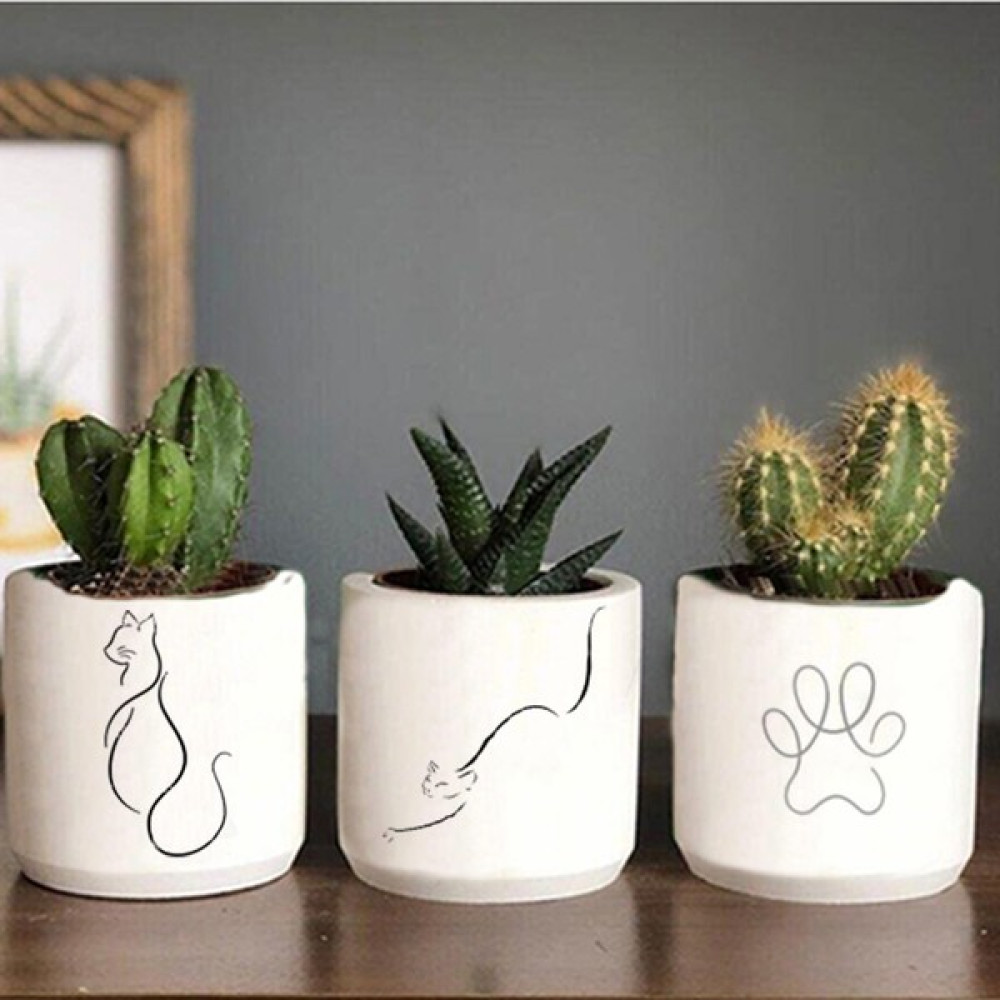 Dekozayn Home Minimalist Kedi Desenli Beton Saksı Üçlü Set- Küçük Boy Sukulent Saksısı Çizim Kedicik Hediyelik - Beyaz Saksı ve Aksesuarları Fiyatı