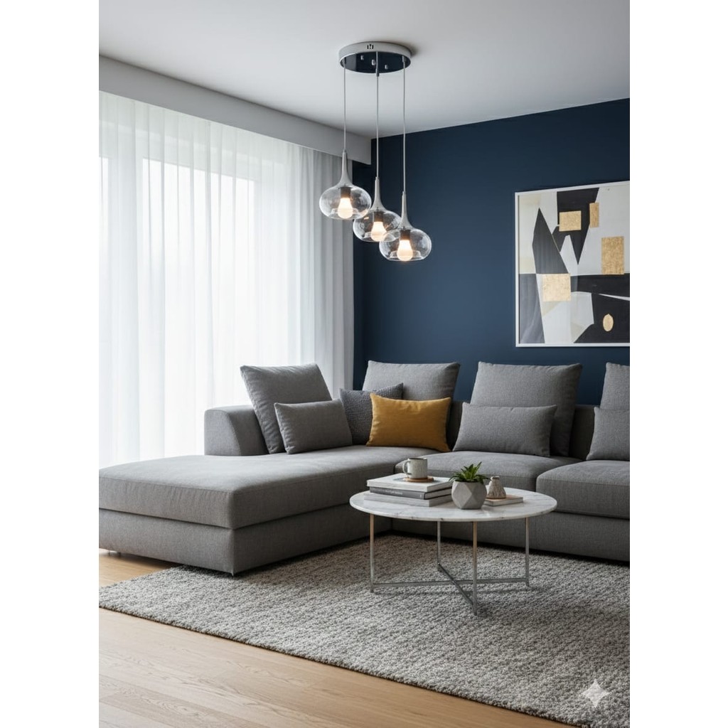 Delf Yapı Sarkıt 3 Lü Camlı Avize Şık Modern Avize - Krom - Açık Gri Avize Fiyatı