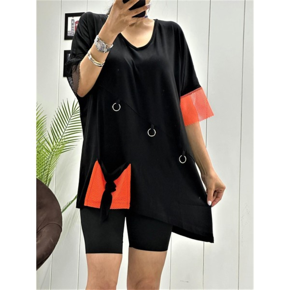 Deli Dolu Moda Kadın File ve Cep Detaylı Asimetrik Tişört Tunik Bayan T-shirt Fiyatı