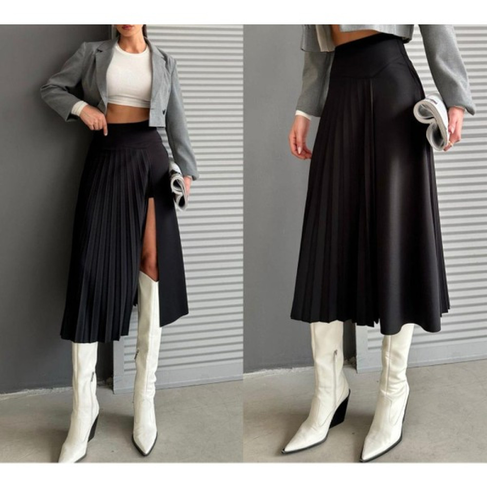 Deli Dolu Moda Kadın Kumaş Yarı Pliseli Yırtmaçlı Siyah Şort Etek Etek Fiyatı