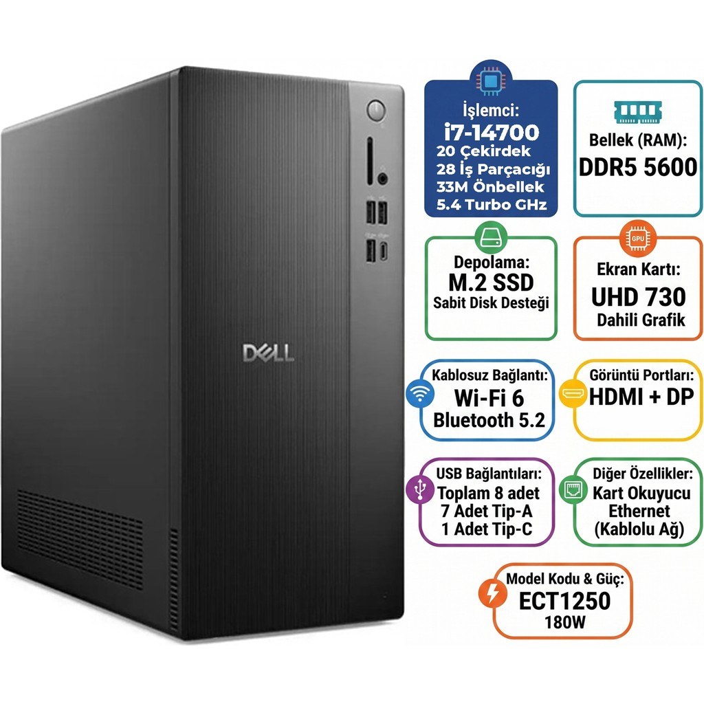Dell Tower Intel Core I7-14700 32GB 2tb SSD Windows 11 Pro Masaüstü Bilgisayar ECT1250_RPLSR007_U 018 - Siyah - Yok İşlemci Fiyatı