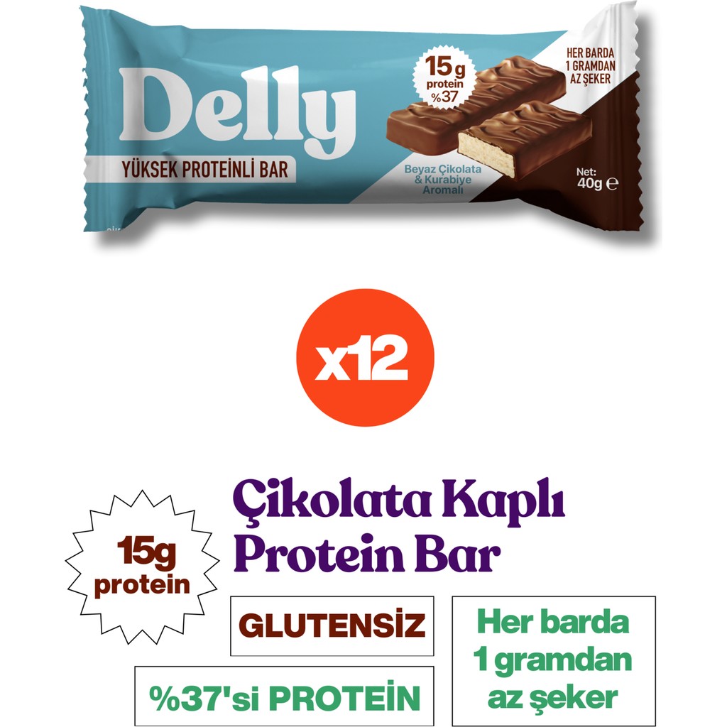 Delly Beyaz Çikolata ve Kurabiye Aromalı, Çikolata Kaplı, Yüksek Protein Bar 40G - 12 Adet Giyim & İç Giyim Fiyatı
