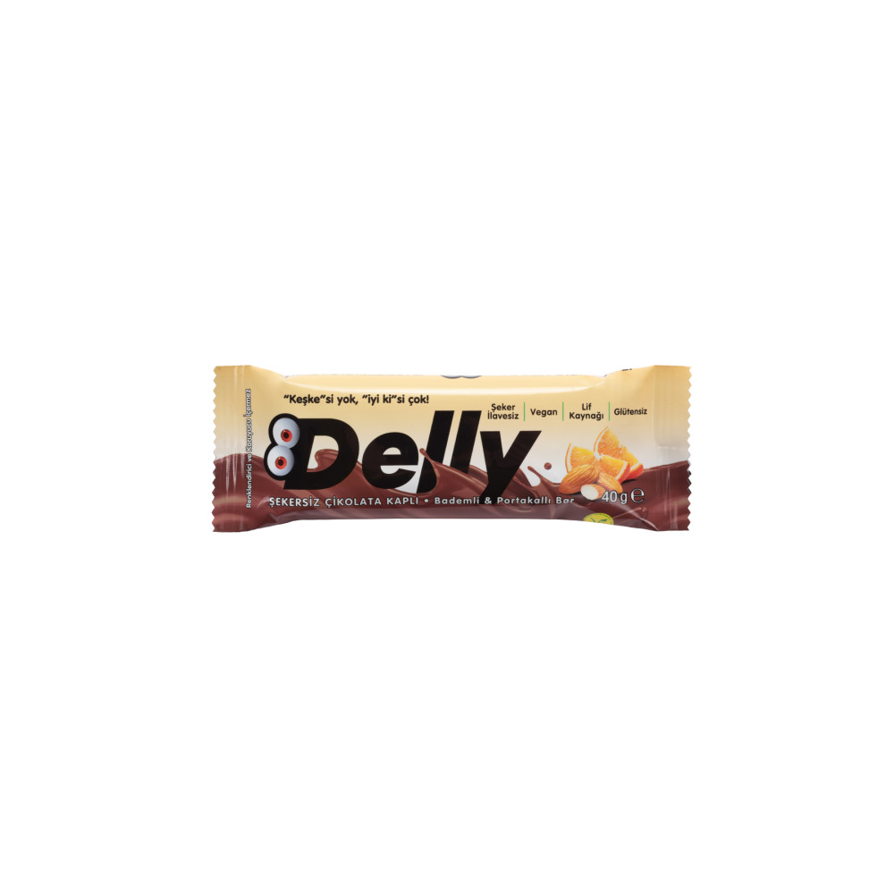 Delly Şekersiz Çikolata Kaplı - Bademli & Portakallı Bar 12x40 G Atıştırmalık Fiyatı