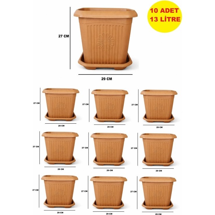 Demet Home 10 Adet 13 Litre Kare Saksı Bitki-Çiçek-Biber-Hobi-Dekorasyon Saksısı 29*29*27 cm Plastik Orta Boy Tabaklı Saksı ve Aksesuarları Fiyatı