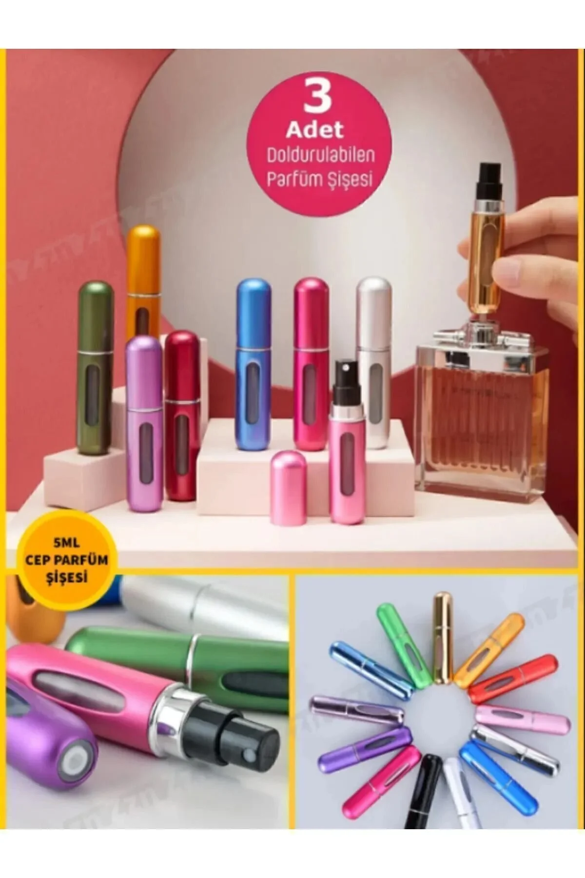 Demirhan 3 Adet Taşınabilir Cep Parfüm Şişesi Doldurma Atomizer Çantalık Dolabilir Mini Şişe 5ml" Hediyelik Eşya Fiyatı