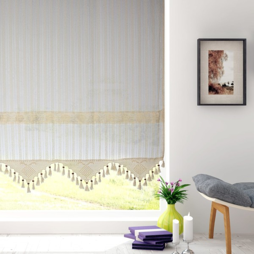 Demirhan Perde Pamuklu Ara Güpürlü Natural Çizgili Tül Perde - 100 x 120 cm Tül Perde Fiyatı