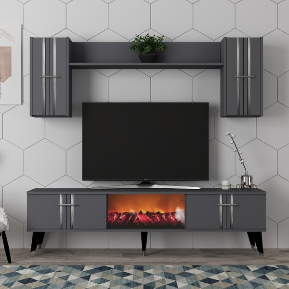 Demonte Decor Assel Şömineli Tv Ünitesi Takımı Antrasit-Gümüş - Antrasit - Gümüş Tv Ünitesi / Sehpası Fiyatı