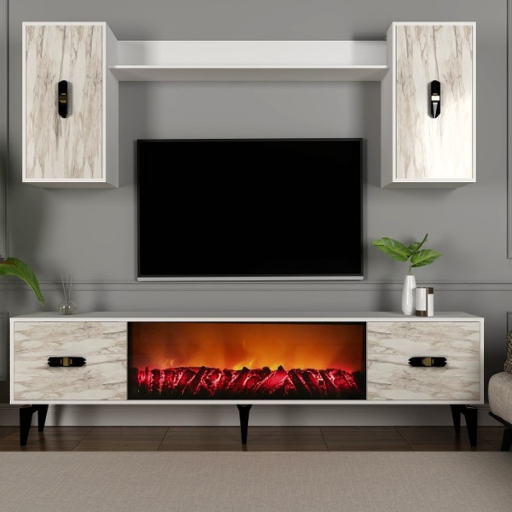 Demonte Decor Fly 180 cm Şömineli (B) Tv Ünitesi Takımı beyaz-efesmermer - Efes Mermer - Beyaz Tv Ünitesi / Sehpası Fiyatı