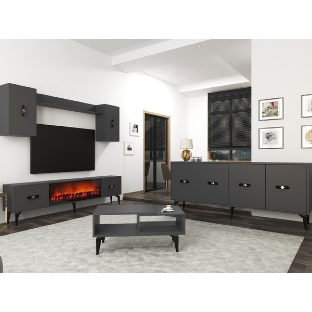 Demonte Decor Fly 180 cm Şömineli(B) Tv Ünitesi, KONSOL(KX180) ve Orta Sehpa Salon Takımı Antrasit-Antrasit - Antrasit Tv Ünitesi / Sehpası Fiyatı
