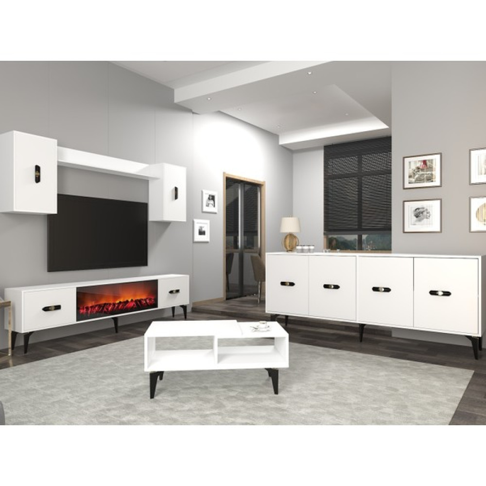 Demonte Decor Fly 180 cm Şömineli(B) Tv Ünitesi, KONSOL(KX180) ve Orta Sehpa Salon Takımı Beyaz-Beyaz - Beyaz Tv Ünitesi / Sehpası Fiyatı