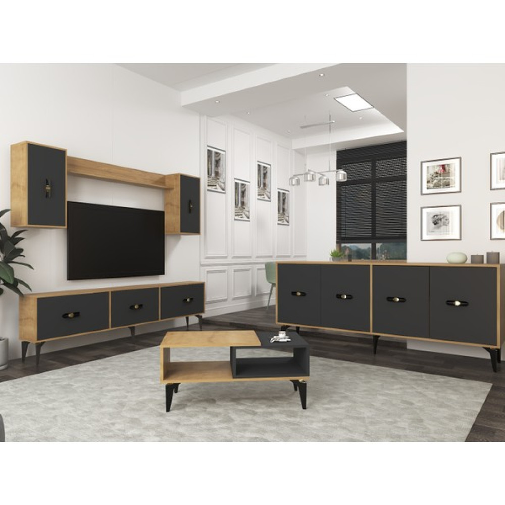 Demonte Decor Hira 180 cm Tv Ünitesi, KONSOL(KX180) ve Orta Sehpa Salon Takımı Safirmeşe-Antrasit - Safir Meşe - Antrasit Tv Ünitesi / Sehpası Fiyatı