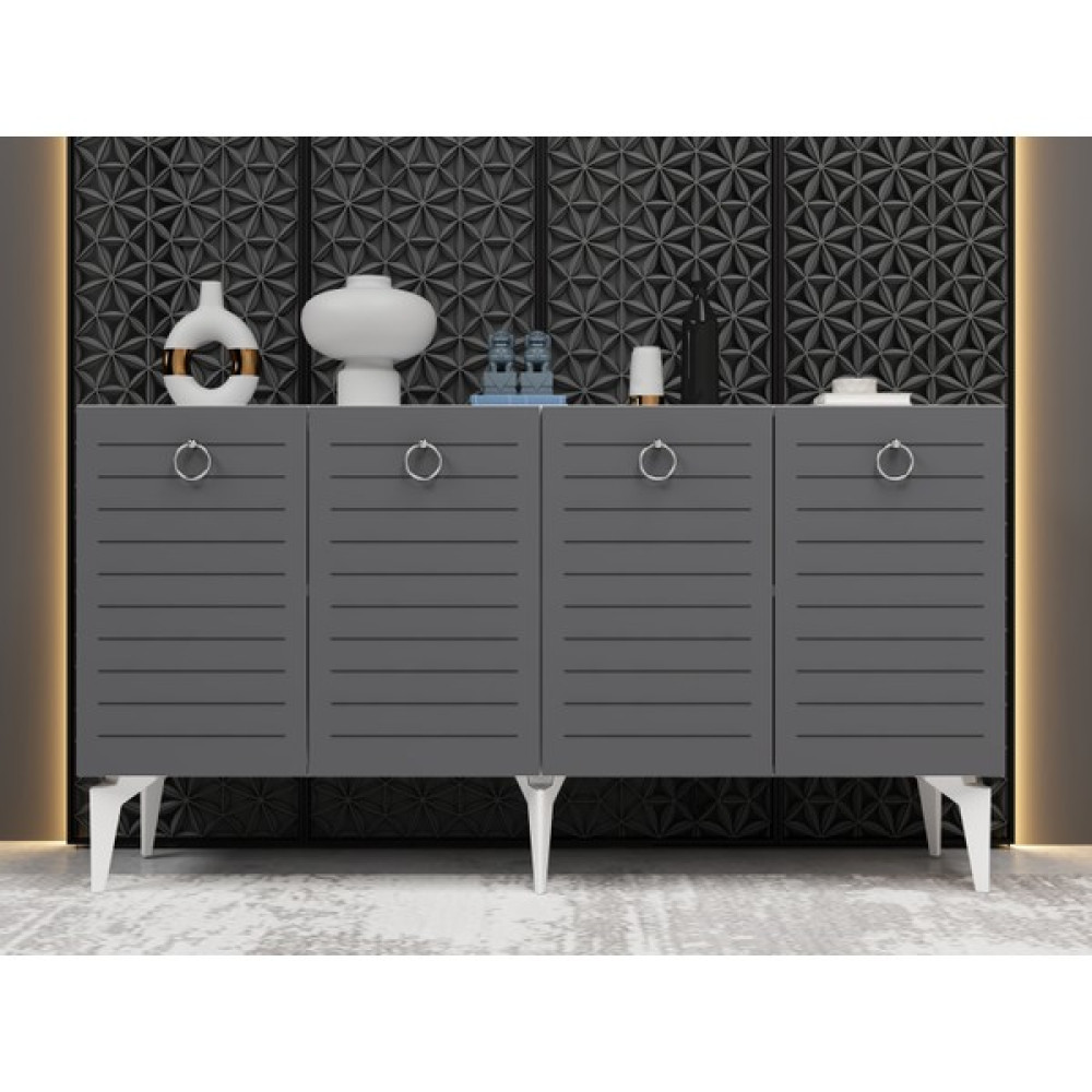 Demonte Dekor Arona Konsol 4 Kapaklı Raflı Beyaz- Antrasit - 150 x 40 x 79 cm - Antrasit - Beyaz Konsol Mobilya Fiyatı