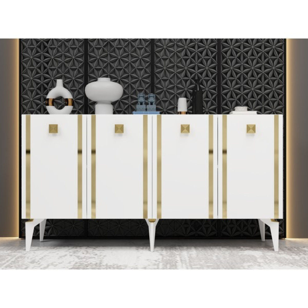 Demonte Dekor Doruk Konsol 4 Kapaklı Raflı Beyaz-Altın - 150x40x79 - Beyaz Konsol Mobilya Fiyatı
