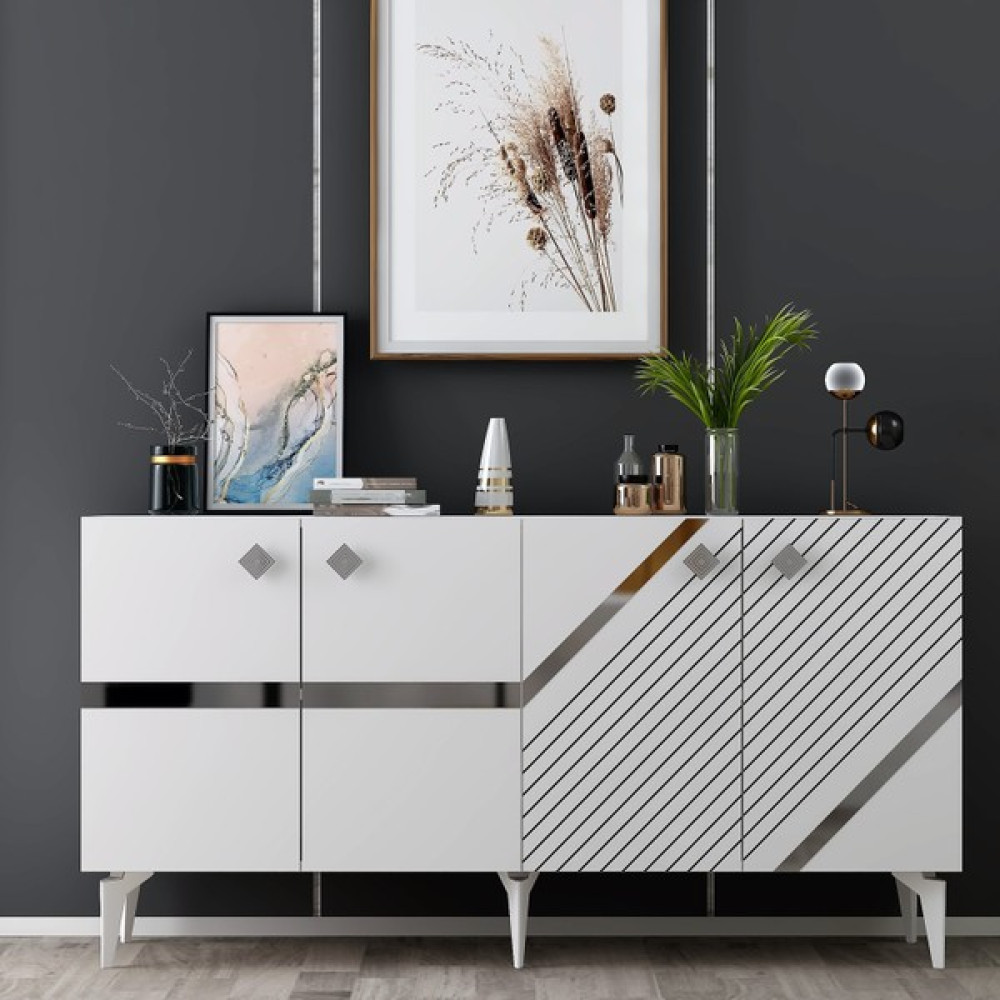 Demonte Dekor Iris Konsol Beyaz Gümüş - 150*40*79 - Beyaz - Gümüş Konsol Mobilya Fiyatı