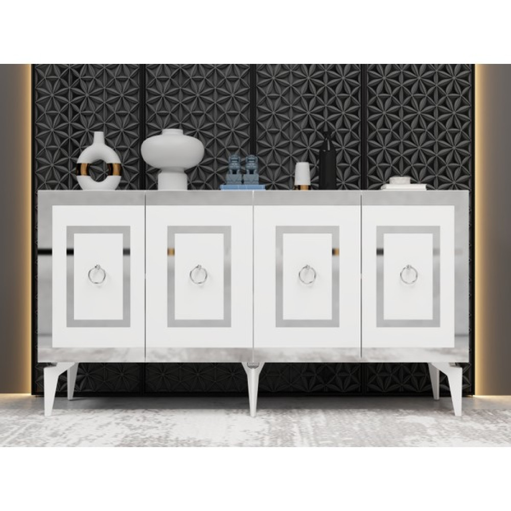 Demonte Dekor Karya Konsol 4 Kapaklı Raflı Beyaz-Gümüş - 150X40X79 - Beyaz - Gümüş Konsol Mobilya Fiyatı