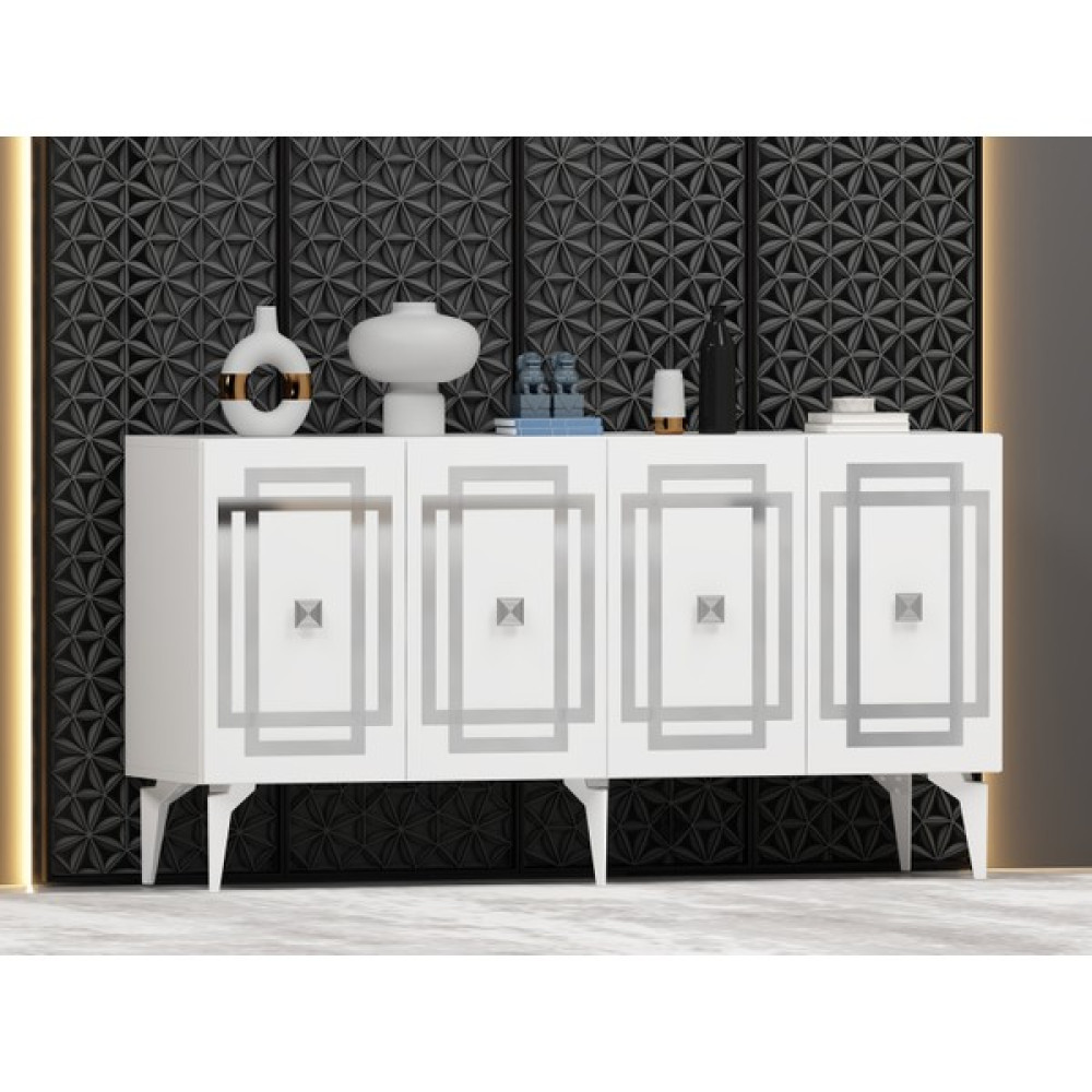 Demonte Dekor Lotus Konsol 4 Kapaklı Raflı Beyaz Gümüş - 150x40x79 - Beyaz - Gümüş Konsol Mobilya Fiyatı