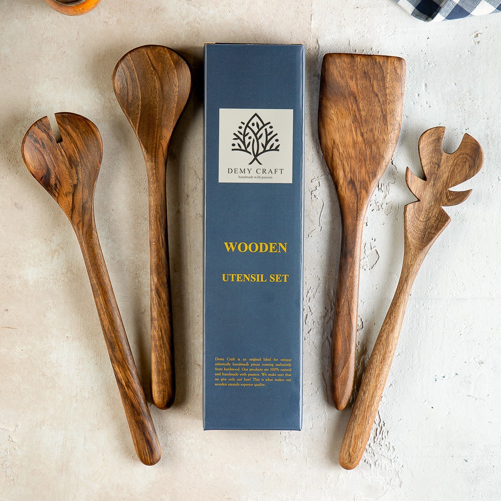 Demy Craft Ceviz Ağacı El Yapımı 4 Parça Mutfak Seti, Tahta Kaşık, Çatal, Spatula, 30 Cm. - Ahşap - Gold Çatal / Kaşık / Bıçak Takımları Fiyatı