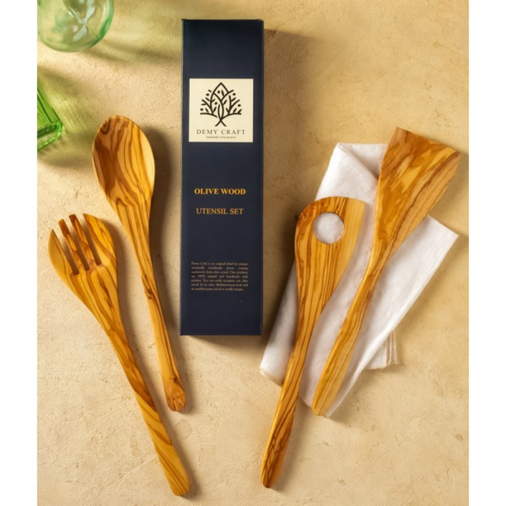 Demy Craft Zeytin Ağacı 4 Parça Set 30 cm. Tahta Kaşık Çatal Spatula - Kahverengi Mutfak Gereçleri Fiyatı