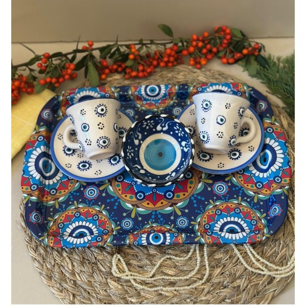 Den Tasarım Hediyelik Nazar Boncuk Işlemeli 2 Li Kahve Fincanı-Lokumluk-Tepsi / 4 Lü Set - 75 ml - Açık Mavi Fincan / Bardak / Kahve Takımı Fiyatı