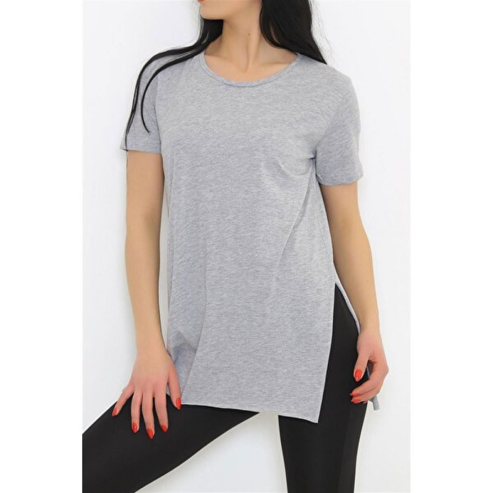 Deneme Kabini Kadın Yırtmaç Detaylı Bisiklet Yaka Tişört - Gri Bayan T-shirt Fiyatı
