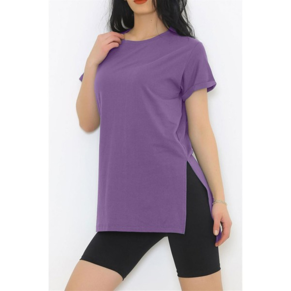Deneme Kabini Kadın Yırtmaç Detaylı Bisiklet Yaka Tişört - Mor Bayan T-shirt Fiyatı