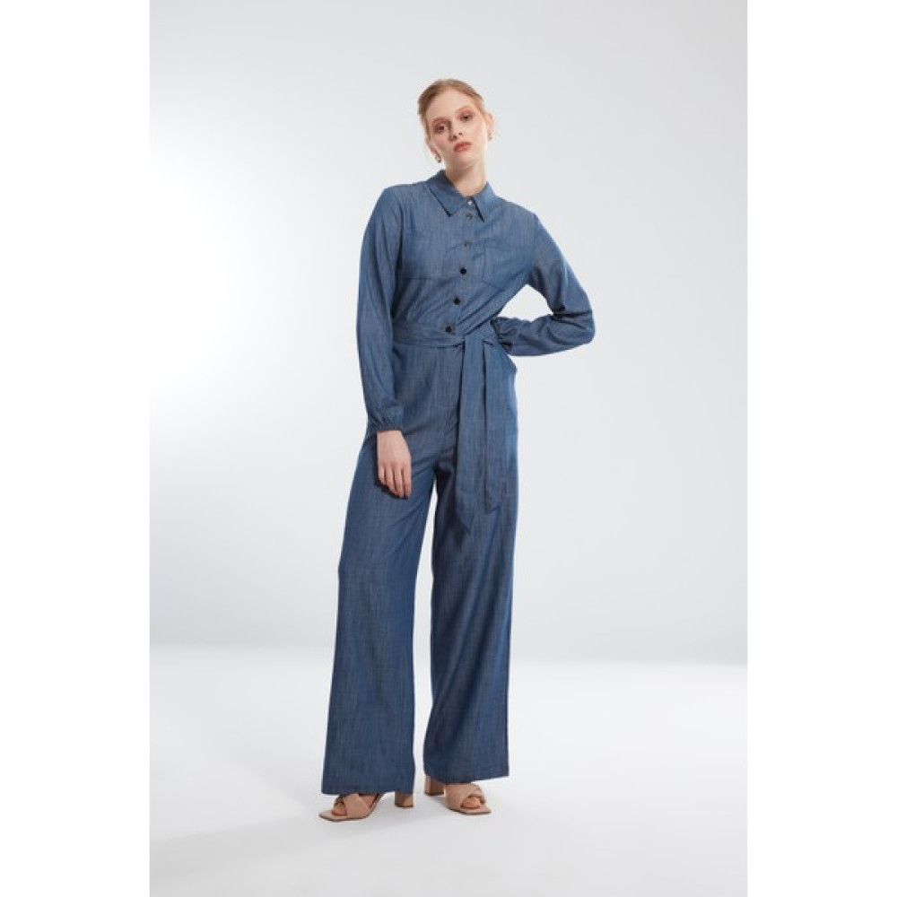 Denim Dokulu Indigo Gömlek Yaka Tulum Bayan Tulum ve Salopet Fiyatı