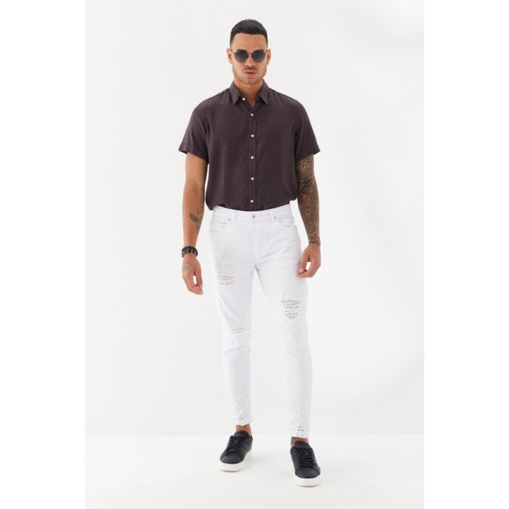 Denim Man Önü Yırtık Boru Paça Düz Desen Skinny Fit Denim Uzun Pantolon Beyaz Erkek Pantolon Fiyatı