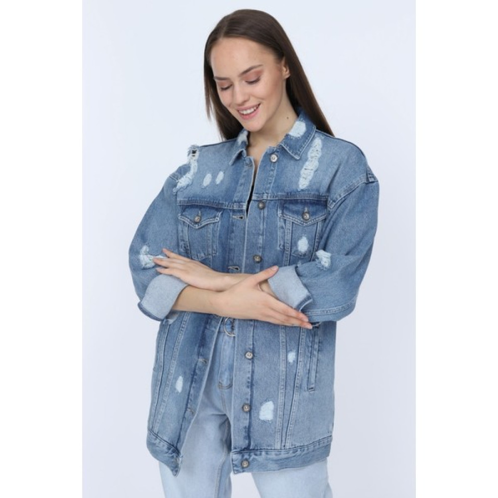 Denim Republic Kadın Açık Mavi Yırtık Detaylı Uzun Kot Ceket Bayan Ceket Fiyatı