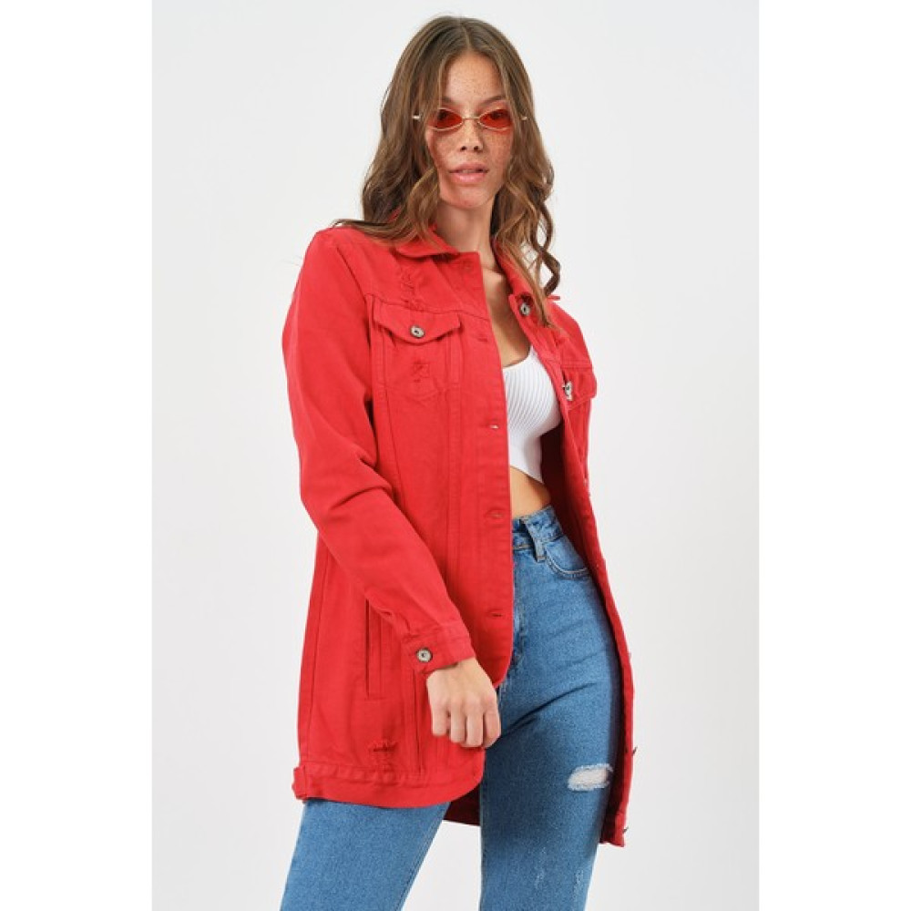 Denim Republic Kadın Kırmızı Yırtık Detaylı Uzun Kot Ceket Bayan Ceket Fiyatı