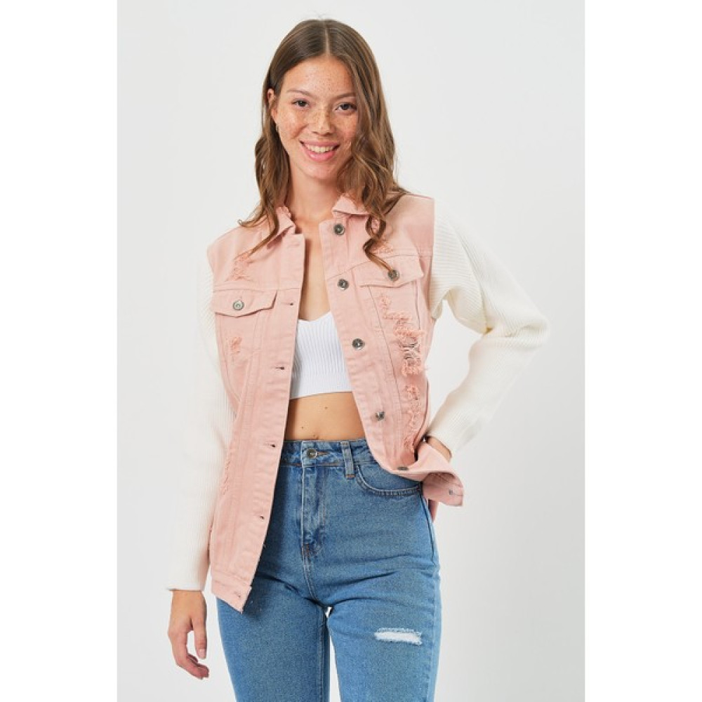 Denim Republic Kadın Pembe Triko Kol Uzun Kot Ceket Bayan Ceket Fiyatı