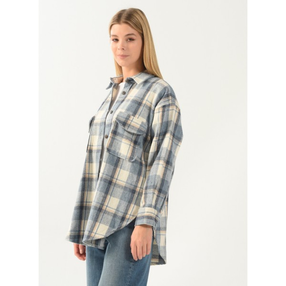 Denim Trip Gömlek Yaka Ekose Açık Mavi Kadın Gömlek DT10058-2 Açık Mavi Kadın Gömlek Fiyatı