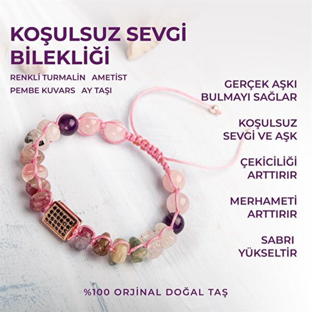 Deniz Doğal Taş Sertifikalı Koşulsuz Sevgi Bilekliği Turmalin Pembe Kuvars Ametist Doğal Taşlı Saat ve Bileklik Aksesuarı Fiyatı