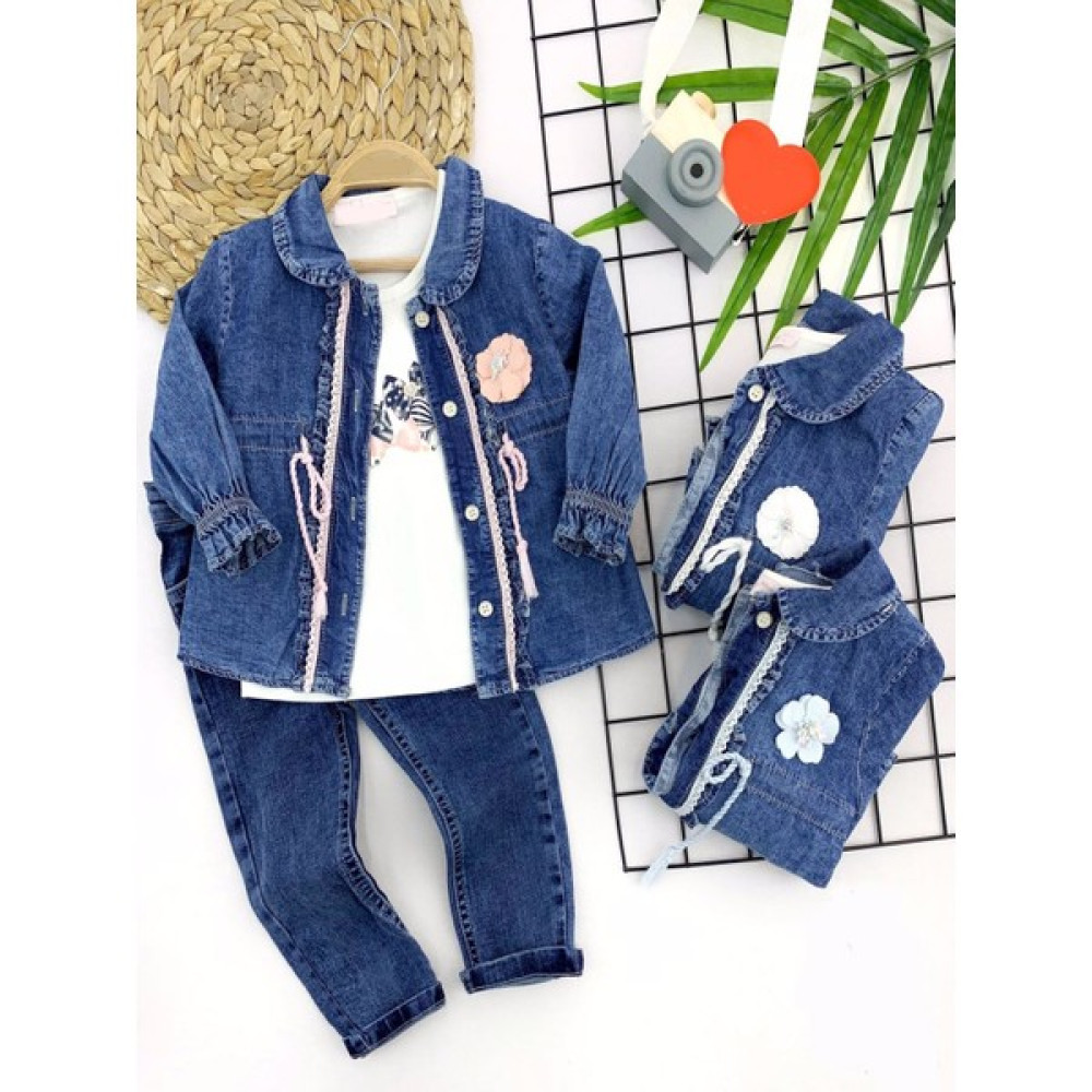 Denizcik 2-3-4-5 Yaş Düğme Kapamalı Kot Ceket 3lü Kız Çocuk Takımı Bebek Giysi Takım Fiyatı