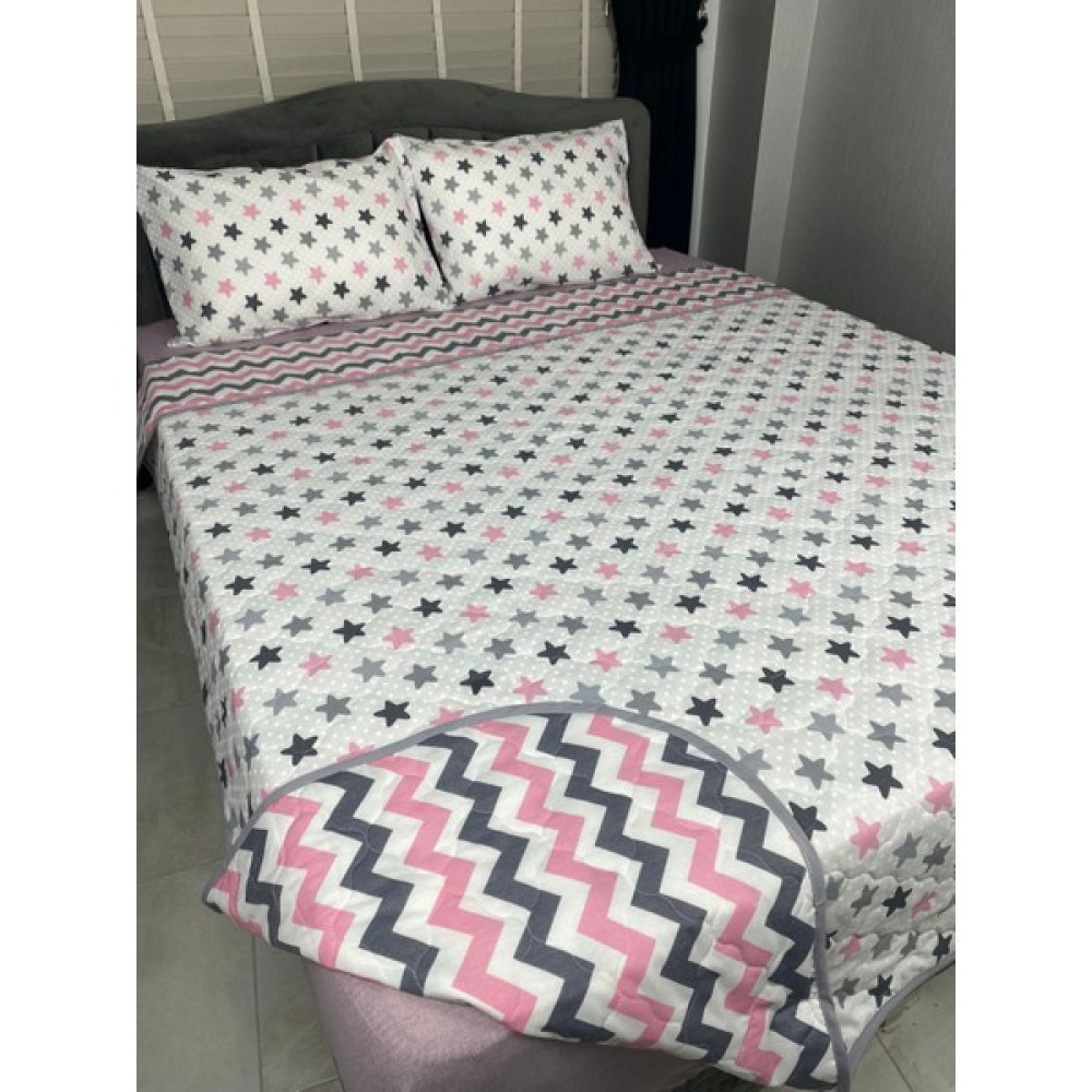 Denizli Çeyiz Çift Taraflı Çift Kişilik Kapitone Yatak Örtüsü Takımı - 210 x 240 cm - Pembe - Gri Yatak Örtüsü Fiyatı