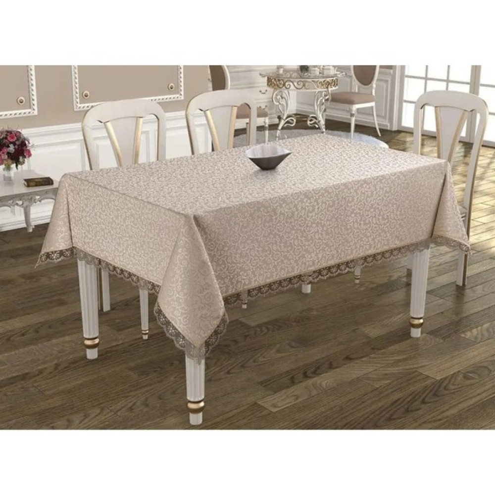 Denizli Çeyiz Dantelli Yemek Masası Örtüsü 160X220 - Bej - 160 x 220 cm Masa Örtüsü Fiyatı