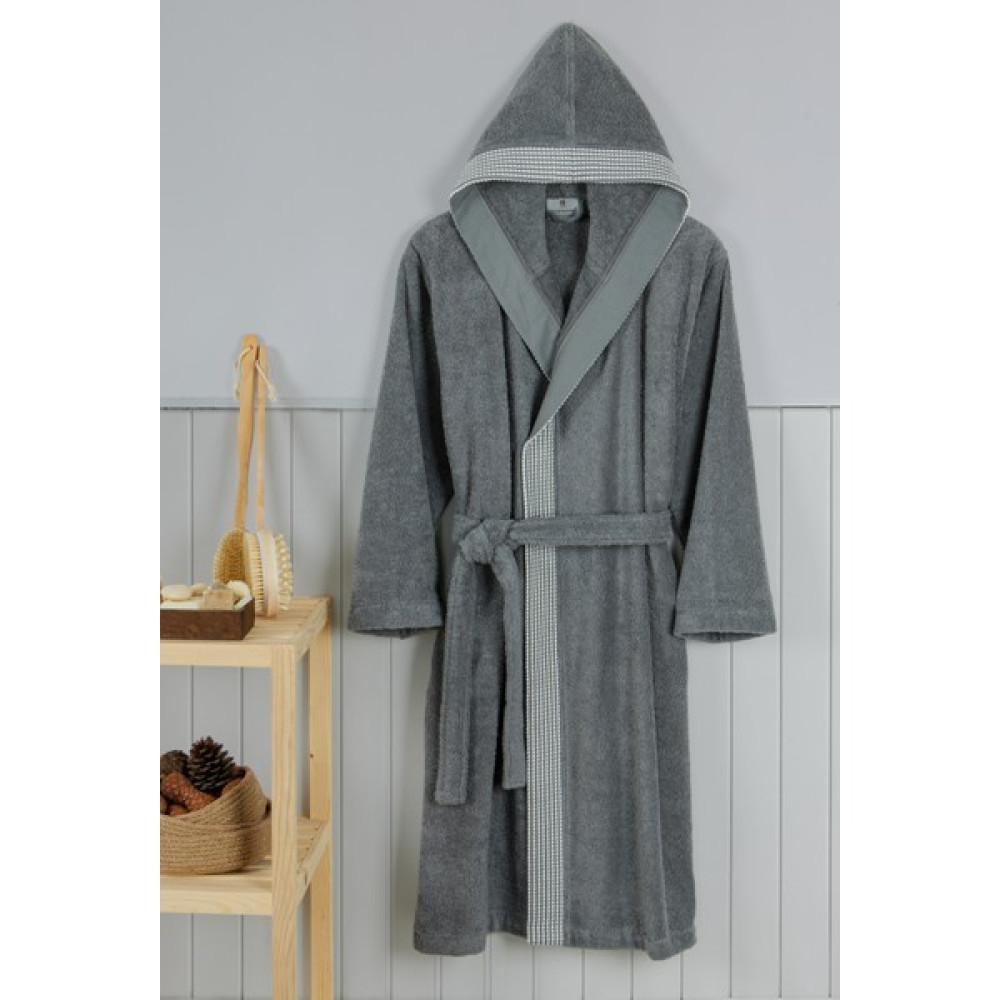 Denizli Home Tex Gri Bukle Kapişonlu Erkek Bornozu ( 420 Gr/ M² ) - 4XL Bornoz Fiyatı