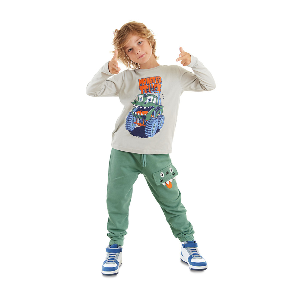 Denokids Canavar Kamyon Erkek Çocuk Gri T-shirt Haki Pantolon Takım 2 YAŞ Beden Kadın Giyim Fiyatı