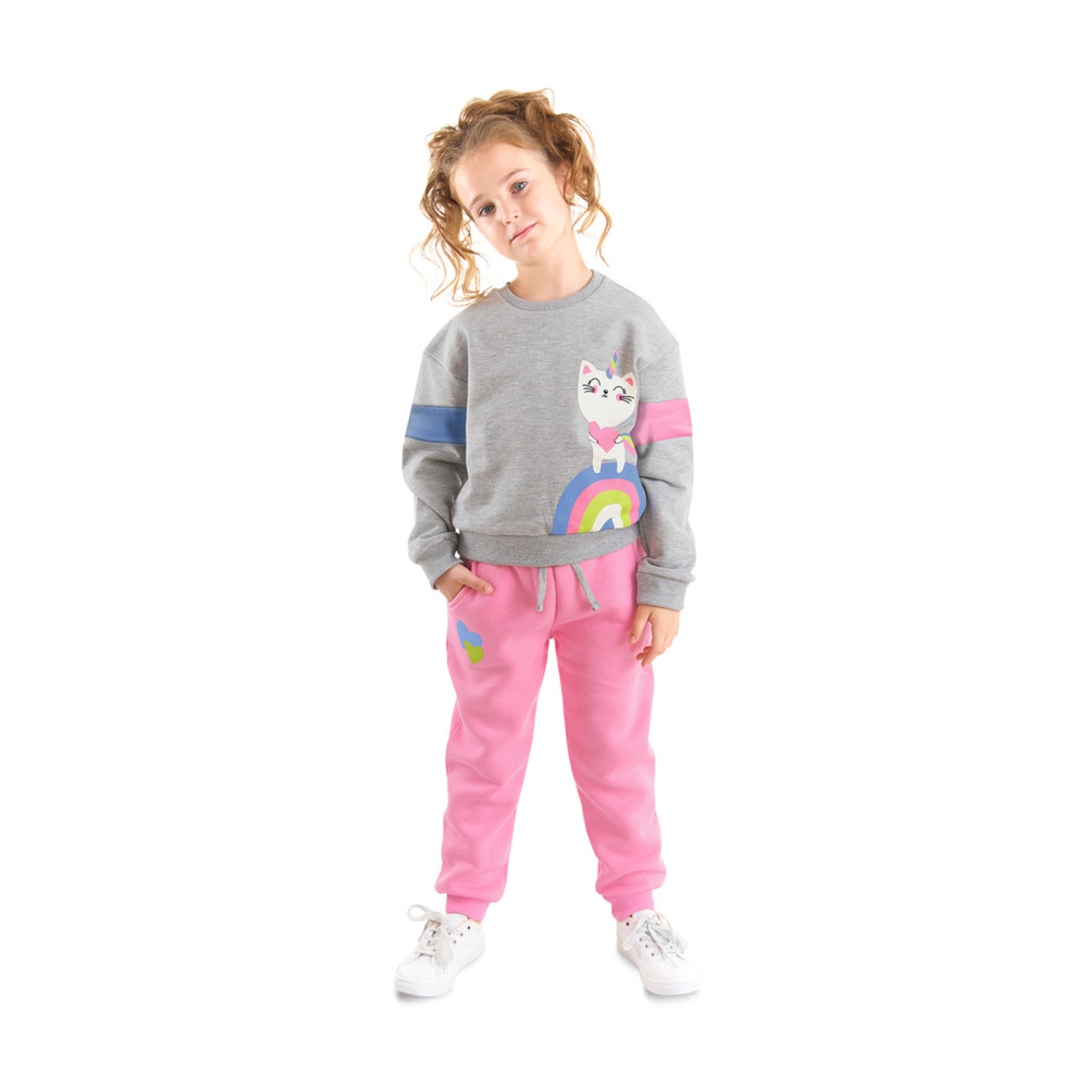 Denokids Rainbow Cat Kedili Pembe Gri Kız Çocuk Eşofman Alt Üst Takım 5 YAŞ Beden Kadın Eşofman Fiyatı