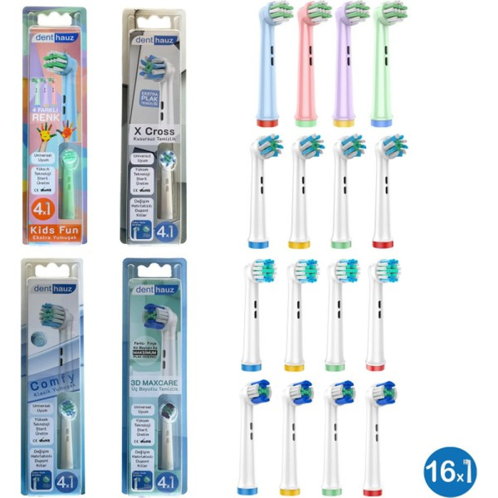 Denthauz Dev Set 16 Adet  Comfy + x Cross + 3D Maxcare + Kids Fun Oral-B Uyumlu Yedek Diş Fırçası Başlıkları Oto Boyaları Fiyatı
