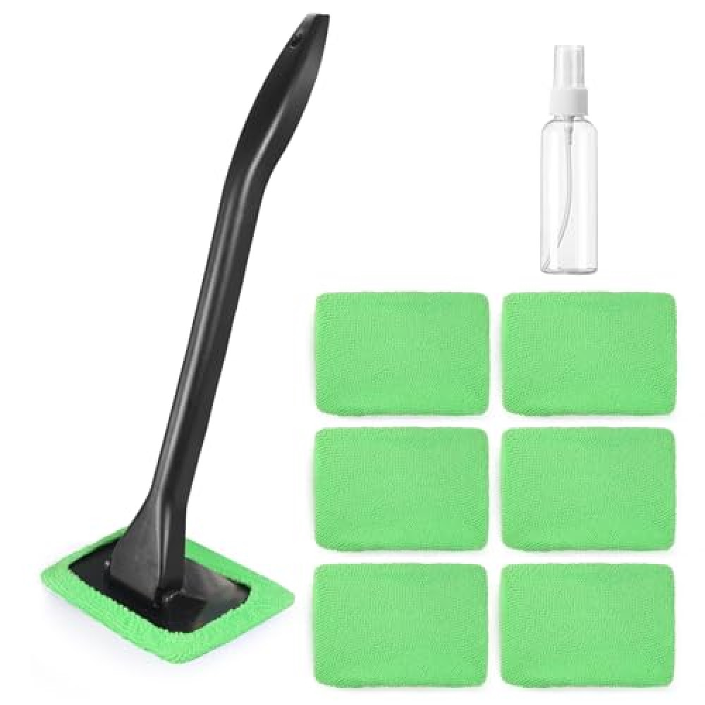 DEPOVTE Windshield Cleaner Tool Car Window Cleaner with 6 Reusable and Washable Microfiber Pads and Extendable Handle Auto Inside Glass Wiper Kit (Green)